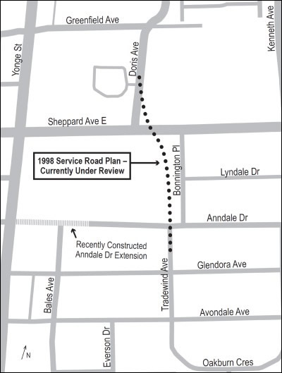 A map of the 1988 Service Road Plan along Tradewind Avenue