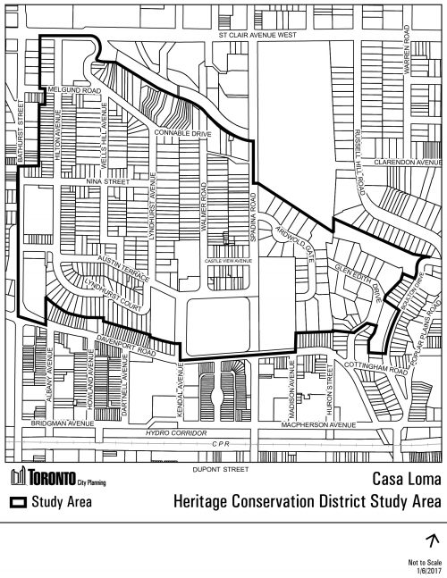 A thick black line outlines the Casa Loma HCD Study Area on a map.