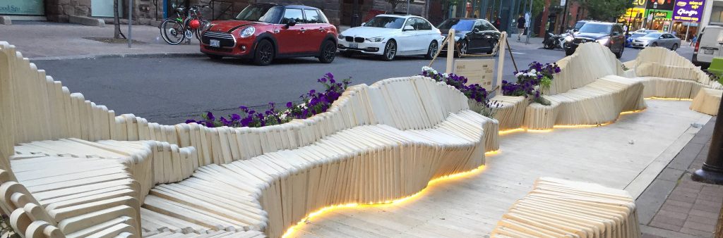 Parklet on Elm Street featuring a modern bench design