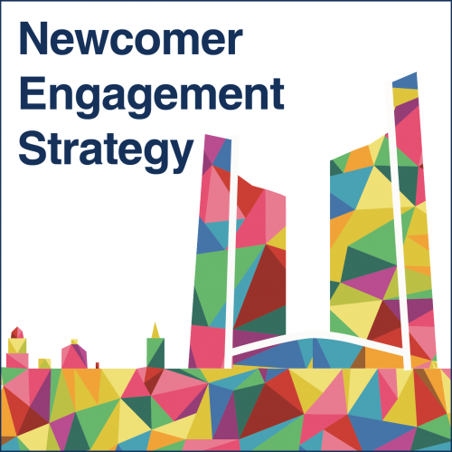 Stylized image of City Hall with a colourful mosaic pattern and the words Newcomer Engagement Strategy