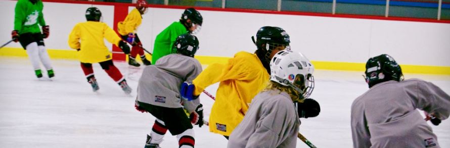 Young hockey players playing a game on an indoor Toronto ice rink