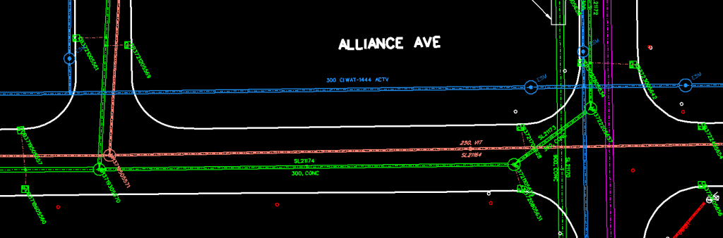 a map of alliance street showing the locations and specifications of various city utilities