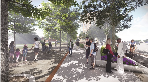 Rendering of the new Dundas Street West showing people interacting, wide sidewalks, street trees and bike lanes