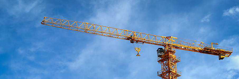 Banner features silhouette of crane against solid blue background