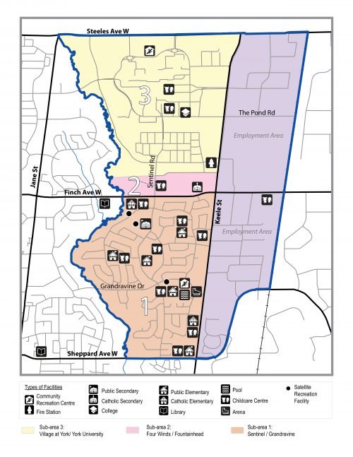 This map shows the location of community services and facilities in the Keele and Finch area.