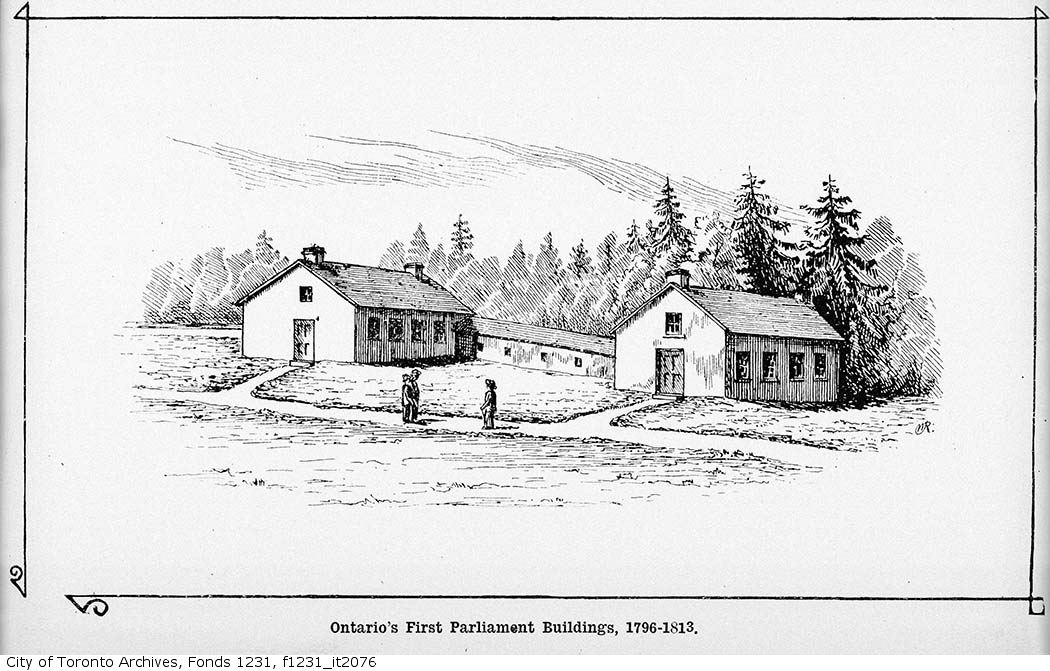 Line drawing of the first parliament buildings, which consists of two small one-level buildings (each with a door and a small window above it at one end, and a set of four windows along the right side), connected by a shorter, long structure in the back.