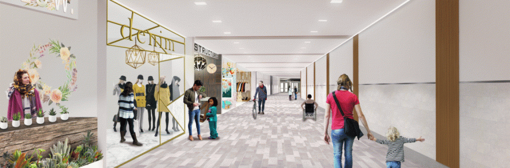 Artist rendering of what the P1 floor could look like: a long hallway with retail along one side.
