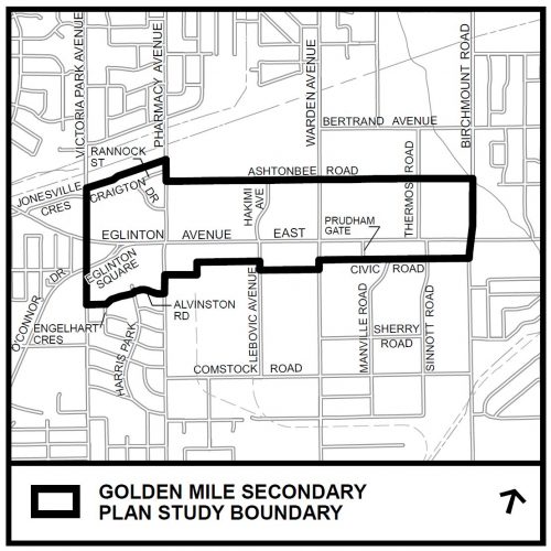 Map showing boundaries of the Golden Mile Secondary Plan Study area