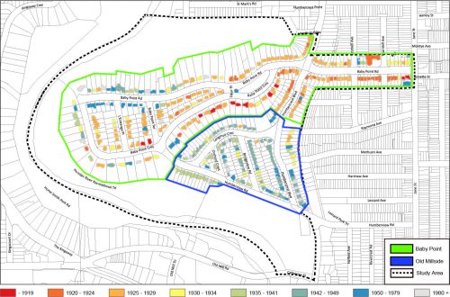 This map shows the dates of construction for houses within the Baby Point Study Area