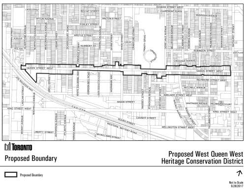 Map showing the outline of the proposed West Queen West HCD Plan along Queen Street West from Bathurst Street to Dufferin Street