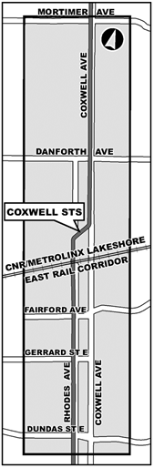 This is a map of the project study area, showing the Coxwell Sanitary Trunk Sewer from Mortimer Avenue in the north, to Dundas Street East in the south.