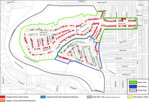 This map shows the date of construction and degree of alteration for properties within the Baby Point HCD Study Area