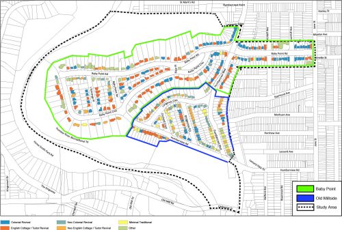 This is a map of architectural styles in the Baby Point HCD Study Area