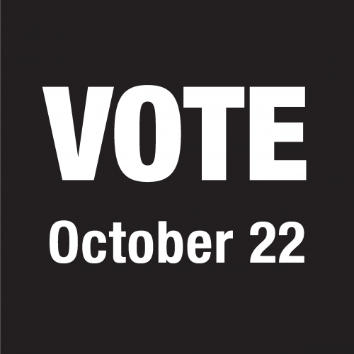 Black box with Vote October 22 written in white