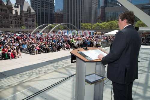 Mayor Tory addresses the crowd at the 2017 Toronto Newcomer Day.