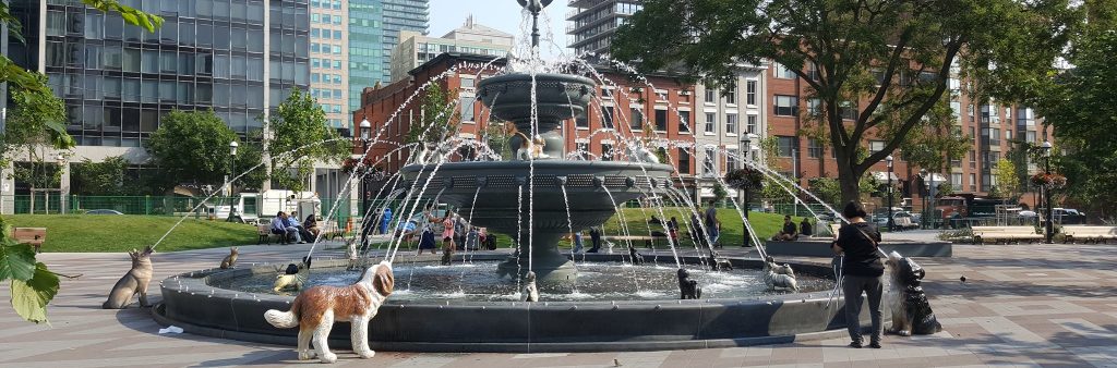 fountain in berczy park with statues of dogs