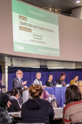 Councillor Mihevic addressing the panel and attendees of the first Tackle Poverty Strategy event on March 12 about Quality Jobs and livable incomes