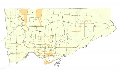 Map showing the locations and boundaries of Toronto's 83 Business Improvement Areas