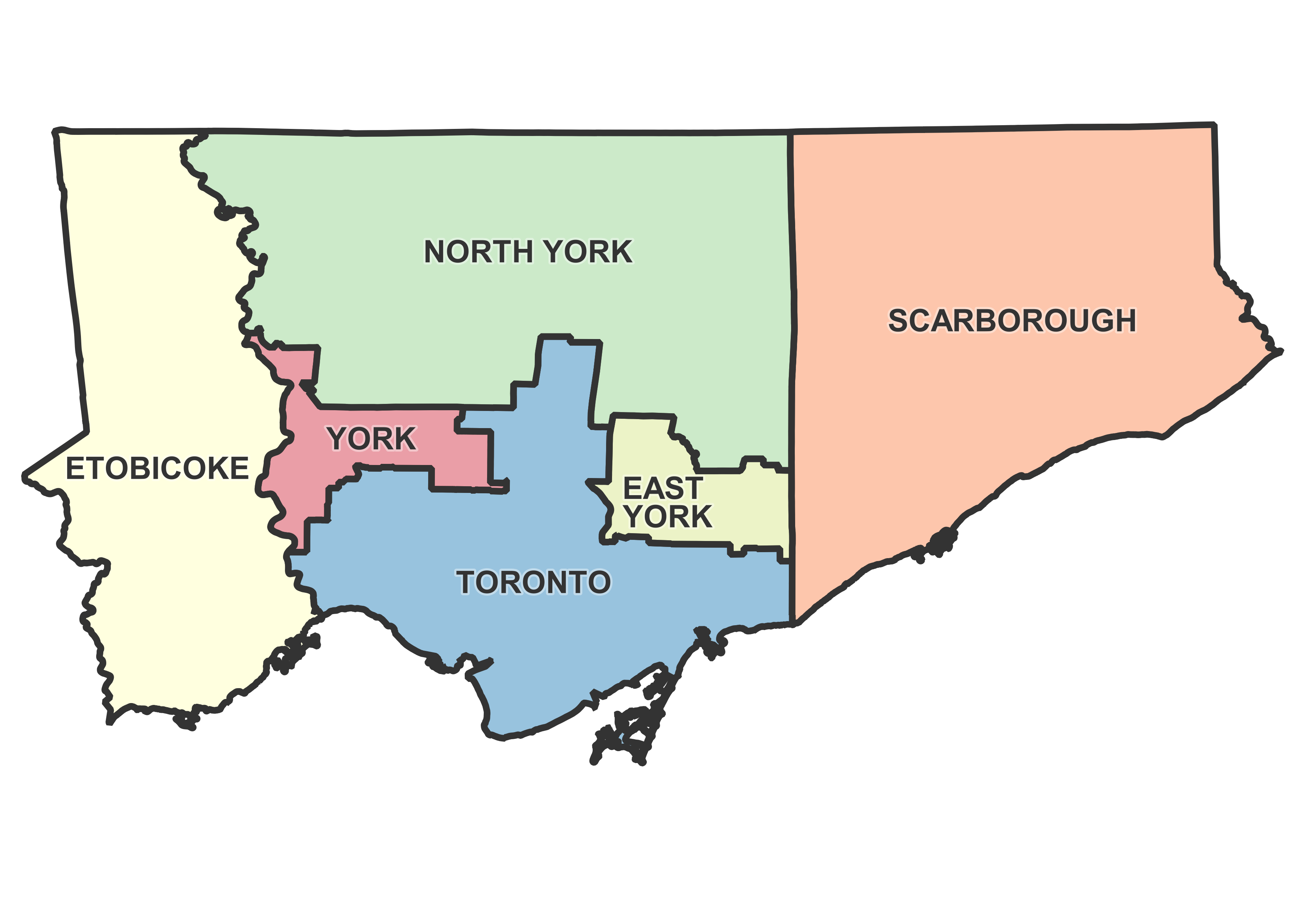 A map showing the Original Six Community Councils of the City of Toronto, Etobicoke, North York, Scarborough, Toronto, York, and East York.
