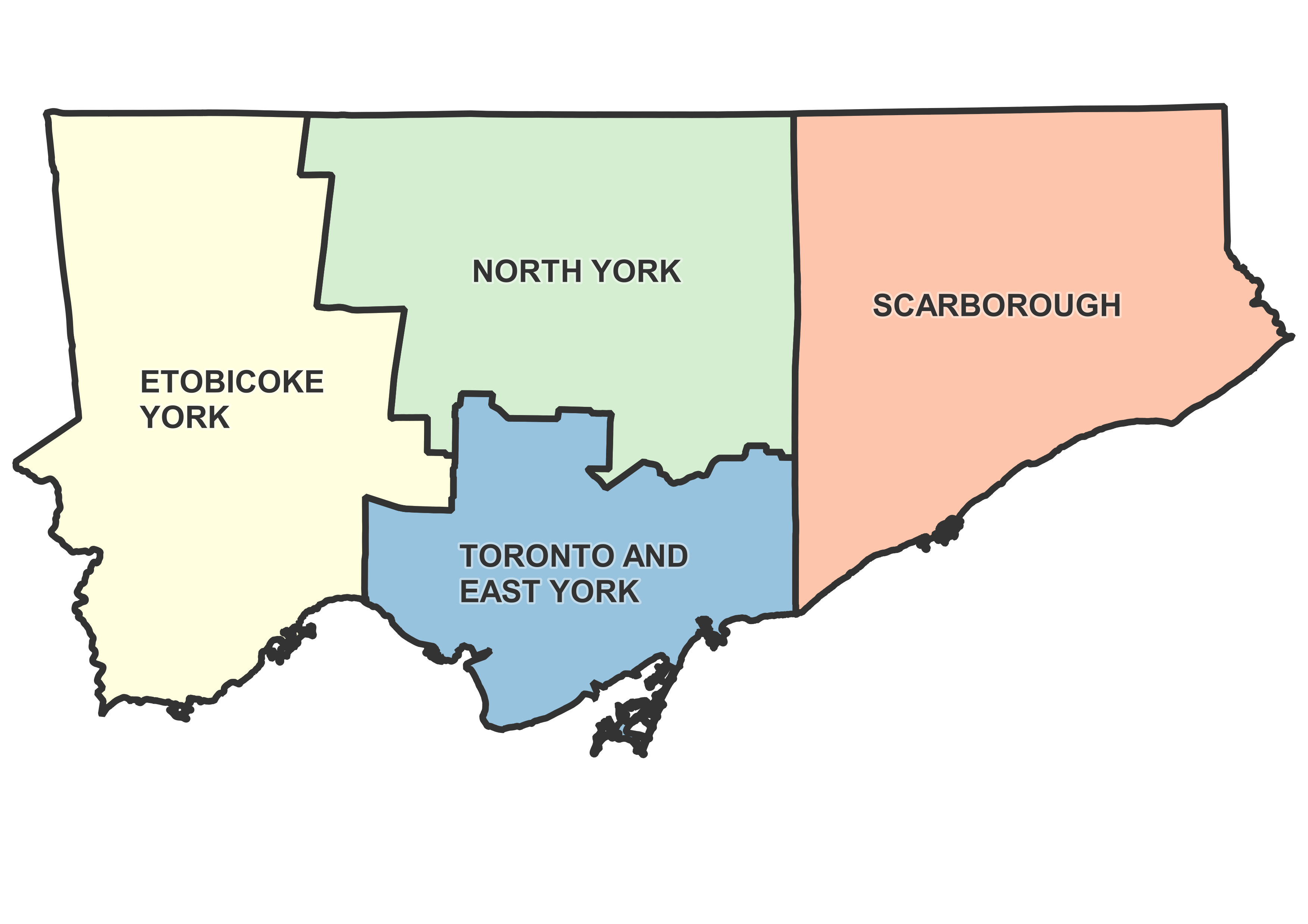 Current Four Community Councils of the City of Toronto, used between April 2004 and November 2018.