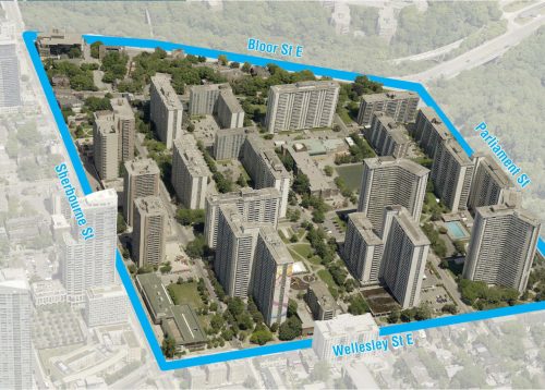 map showing area: sherbourne st to wllesley st. e. to parliment st. to bloor st. e.