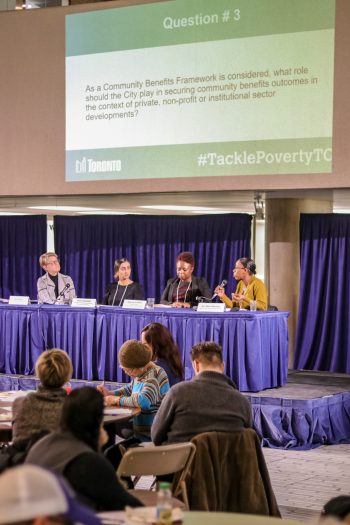 Panelists answering questions at the first Tackle Poverty TO event on March 12 about quality jobd and livable incomes