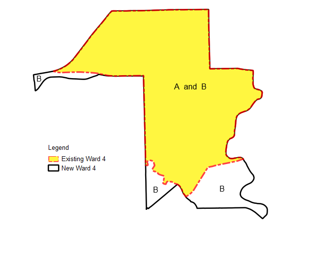 Figure 1 - A diagram showing both the boundary outlines for Existing Ward 4 (A) and New Ward 4 (B) overlaid on top of each other. The diagram demonstrates that while 100% of Existing Ward 4 (A) fits inside New Ward 4 (B), the expanded New Ward 4 (B) contains additional geographic areas not previously covered by Existing Ward 4 (A). As such, it is calculated that New Ward 4 (B) is comprised of 83% of Existing Ward 4 (A).