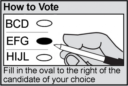 Image showing "How to vote:" and a hand with a pen demonstrating filling in the oval to the right of the candidate name