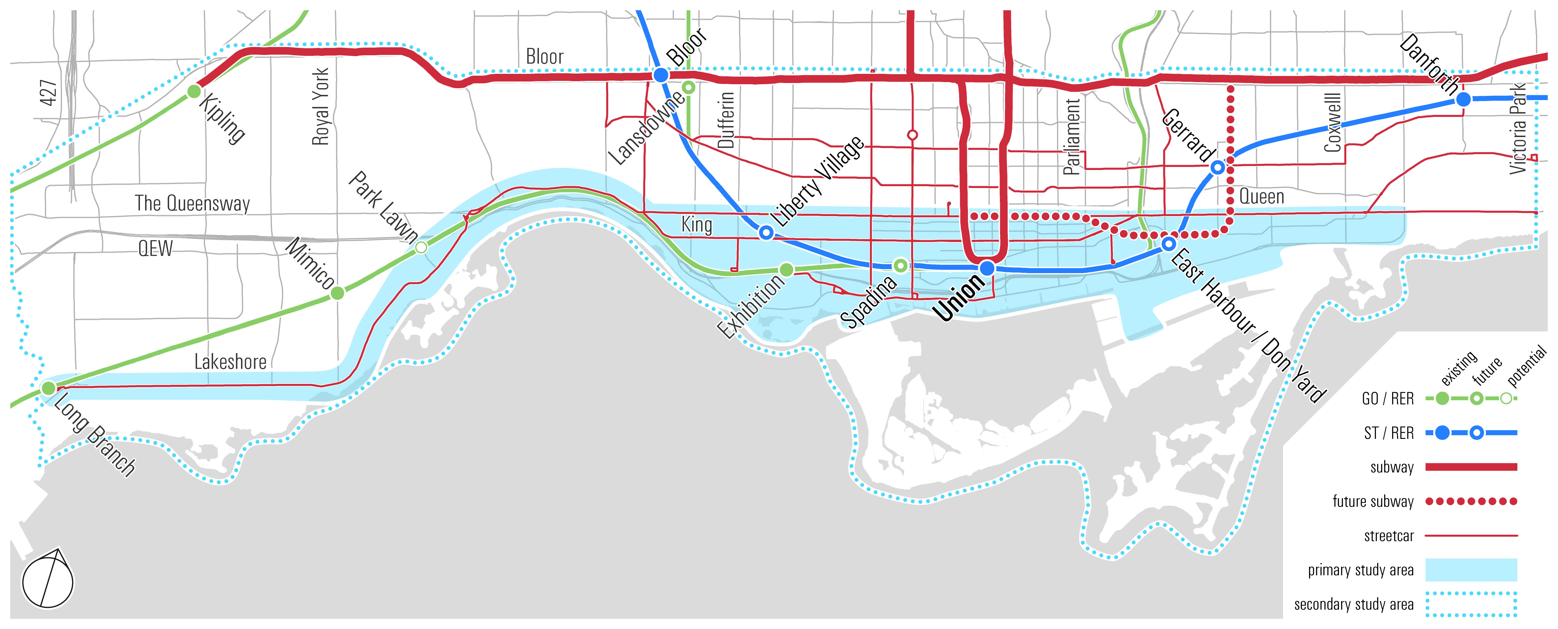 Map of the GO and RER lines, ST and RER lines, current subway, future subway, streetcar routes and study area. The study area extends the entire waterfront with the waterfront transit reset going north from Liberty Village up past Bloor. On the East side the line goes north from East Harbour up to Danforth then continues east