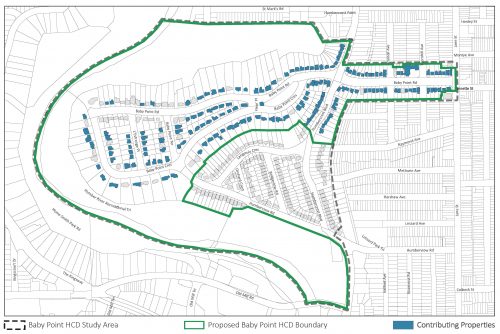 This is a map showing the contributing properties identified within the proposed Baby Point HCD