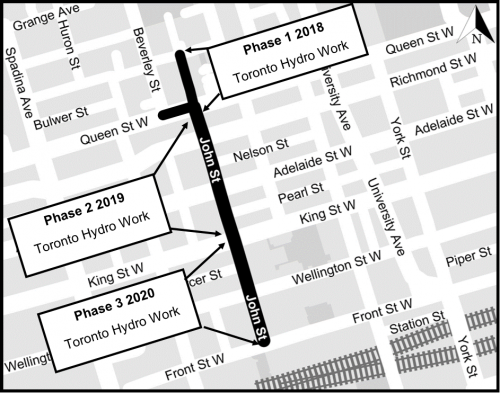 John Street construction - phases of construction work for Toronto Hydro 2018