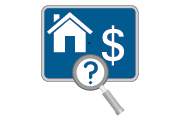 Graphic of a house, dollar sign and a question mark in a magnifying glass