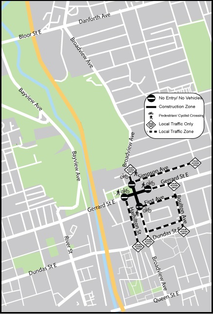 TTC Track work on Broadview Avenue at Gerrard Street, and some localized TTC track work on Broadview from Gerrard to Hogarth