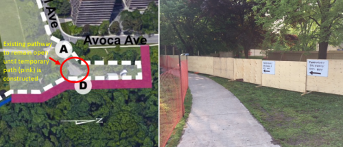 The photo on the left shows an interim pathway through the construction site near the main access point at Avoca and Rosehill where crews provided a path for residents to cross. The photo on the right shows the hoarding and fencing in place while the temporary pathway is being constructed.