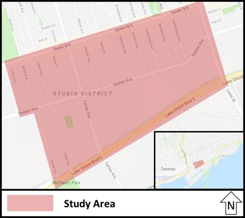 A map of the study area, boundaries defined by Queen Street E to the north, Leslie Street to the east, Lake Shore Boulevard E to the south and McGee Street (Booth Avenue south of Eastern Avenue) to the west.