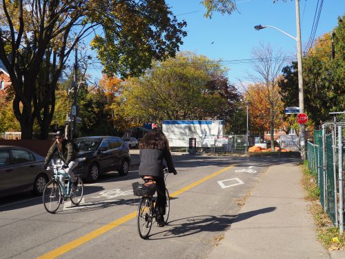 Two cyclists traveling on Denison Ave. One heading south in the shared travel lane and one heading north in the contra-flow bike lane