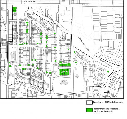 The properties within the Casa Loma HCD Study Area recommended for further research are shaded in green, they are located both within and outside the two recommended HCD areas.