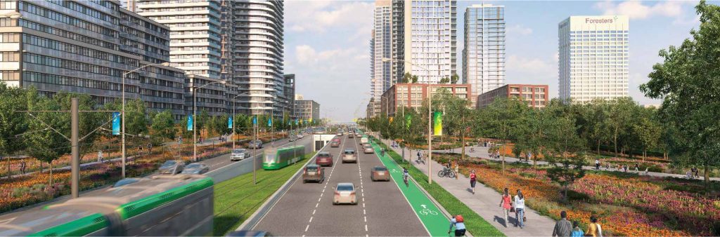 Artist concept showing Eglinton Avene East looking east. Streetscape consists of bike lanes, transit, cars. Park and ravine to the south, with pedestrians walking on wide sidewalks. Towers in the distance.