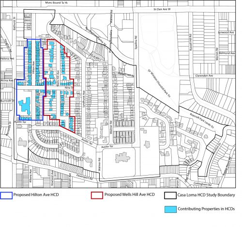The recommended Hilton Avenue HCD is outlined in blue line and the recommended Wells Hill Avenue HCD is outlined in red on a map, with proposed contributing properties shaded in light blue.