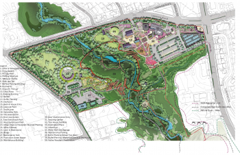 This map shows Edwards Gardens with pathways, buildings and landscaping