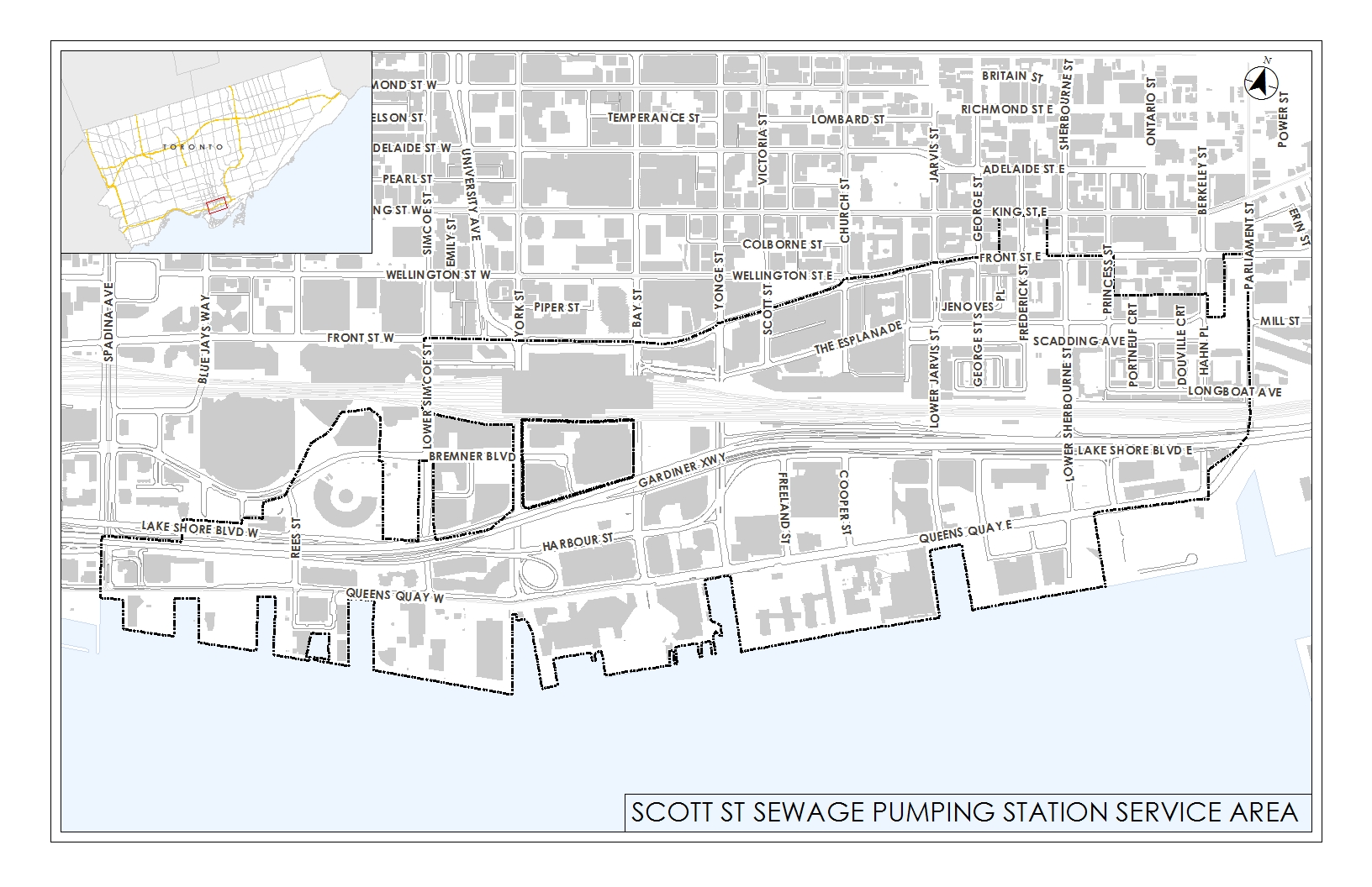 This map outlines the Scott Street Sewage Pumping Station Service Area. The map extends to Spadina Ave., Parliament Street, Front Street and the Lake. 