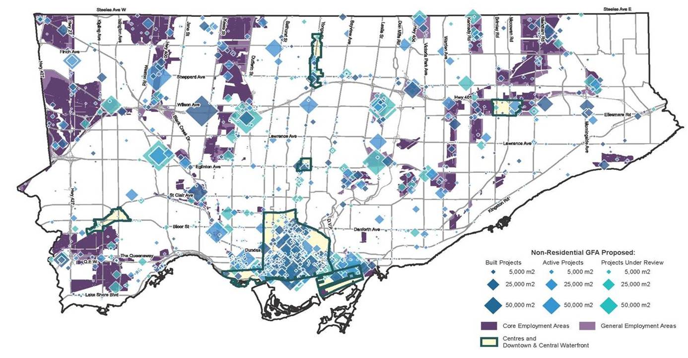 This map shows non-residential projects as graduated hexagons with their size based on the amount of non-residential GFA they propose. For more information, contact Lori Flowers at 416-392-8761 or lori.flowers@toronto.ca. The technology to convert the maps on this page to an accessible format is not currently available. These maps may not be compatible with screen reader software. If you are unable to access these maps please contact Hailey Toft, City Planning, cityplanning@toronto.ca, 416-392-8343.
