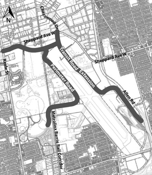 A four lane 2.3 kilometer (km) long multi-modal northerlyextension of Transit Road to provide a connection toChesswood Drive and Sheppard Avenue West. A four lane 1.2 km long multi-modal westerly extension of Transit Road across Sheppard Avenue West to Keele Street inclusive of a underpass at the Metrolinx Barrie Rail Corridor. A two lane 2.6 km multi-modal road running south from thefuture Transit Road inclusive of an overpass across theMetrolinx Barrie Rail Corridor.