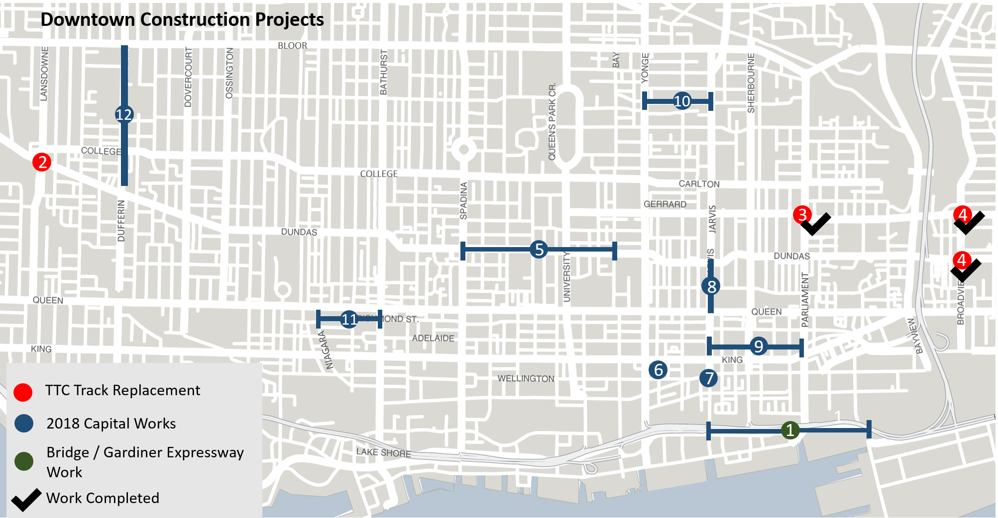 This shows the construction projects happening in Ward 27 and Ward 28 - in central downtown Toronto. There are 12 different projects happening.