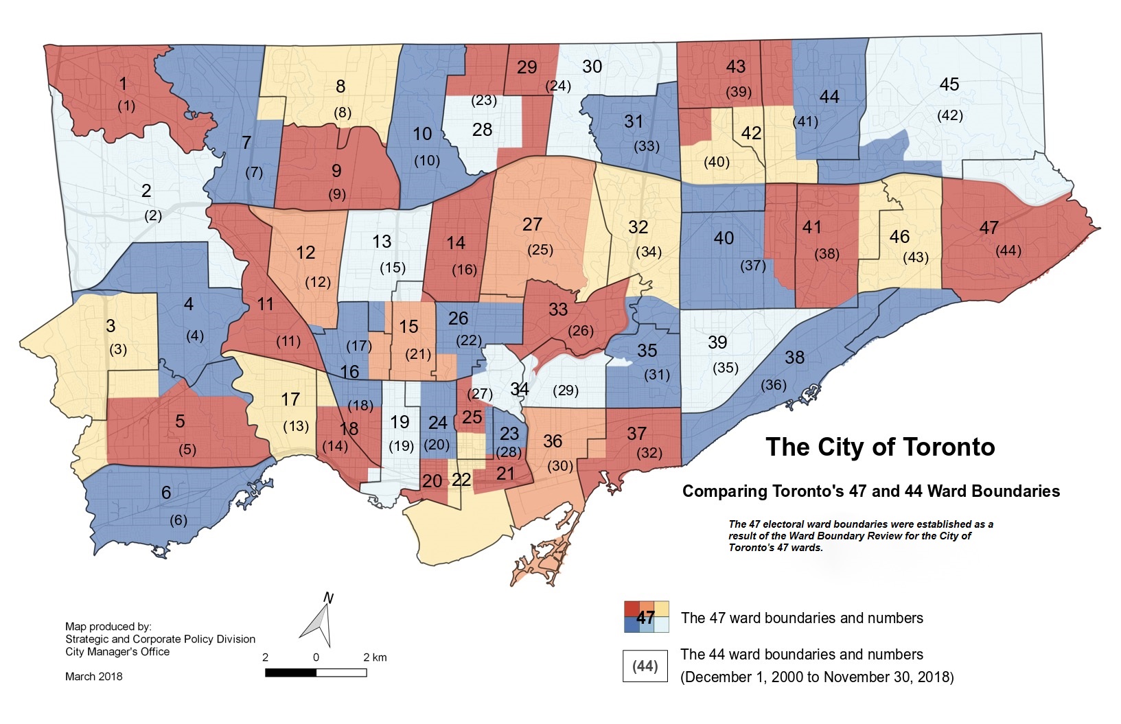 Map comparing the ward boundaries of the 44 electoral ward model used by Toronto City Council between 2000 - 2018 and the boundaries of the 47 electoral wards that were established as a result of the Ward Boundary Review for the City of Toronto. Only 7 of the current City Council wards do not experience changes to their current ward boundaries -- wards 1, 2, 6, 10, 11, 33, and 35.