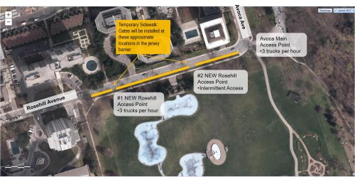 Two additional access points on Rosehill Avenue to provide more trucks to make deliveries and load soil onto trucks for removal off site