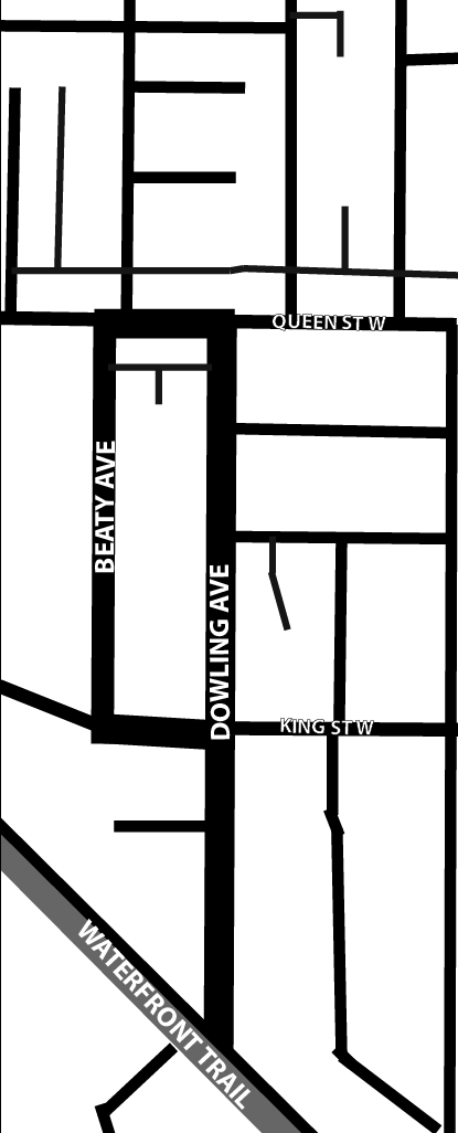 Shared lane markings (sharrows) will be installed on Beaty and Dowling Avenues. One-way traffic reversal will take place on Beaty Avenue (from southbound to northbound) and on Dowling Avenue (from northbound to southbound) between Queen Street West and King Street West