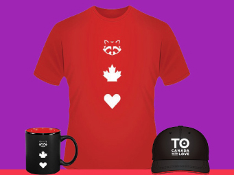 red tshirt. black mug. black baseball cap.
