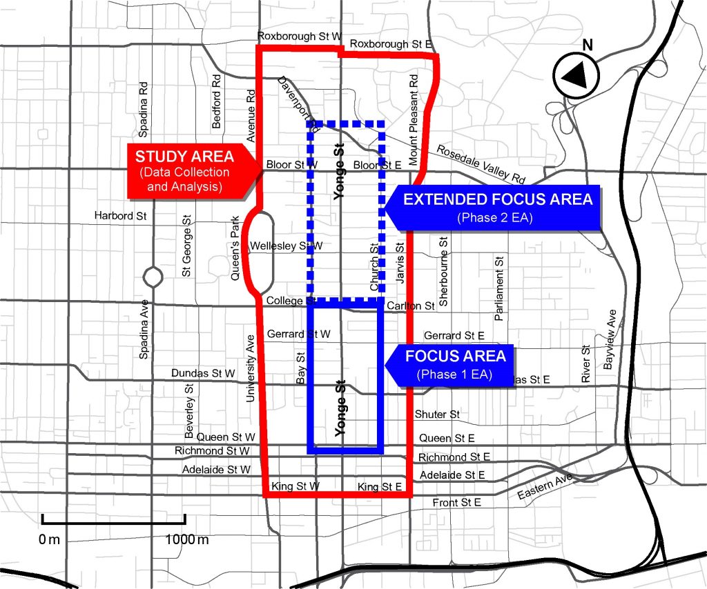 The map shows the focus area bounded by Queen Street to the south, Bay Street to west, Church Street to the east and College/Carlton Street to the north. The focus are is shown in the context of the larger study area bounced by King Street to the south, University Avenue to the west, Roxborough Street to the north and Jarvis Street to the east.