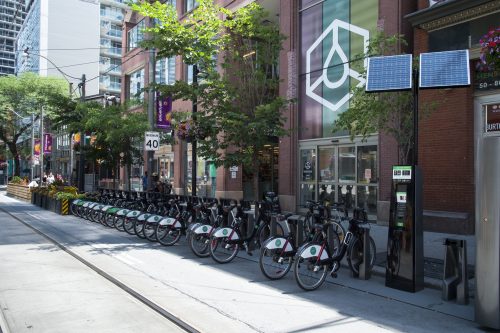 Bike Share Station with many bikes docked